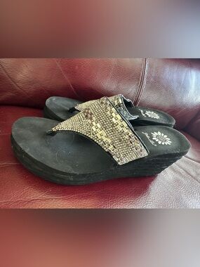 Yellow Box Black Wedge Thong Sandals with Gold Rhinestone Strap